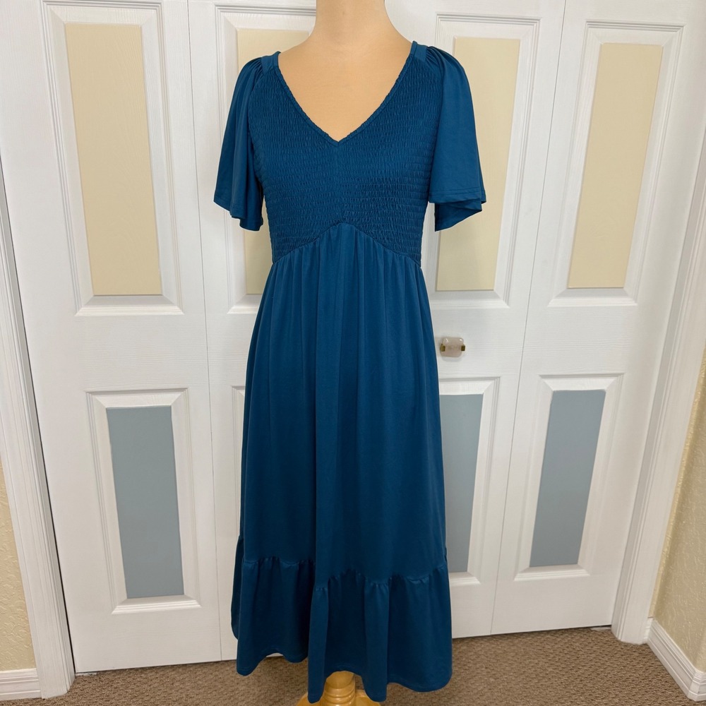 Teal V-Neck Midi Dress with Flutter Sleeves